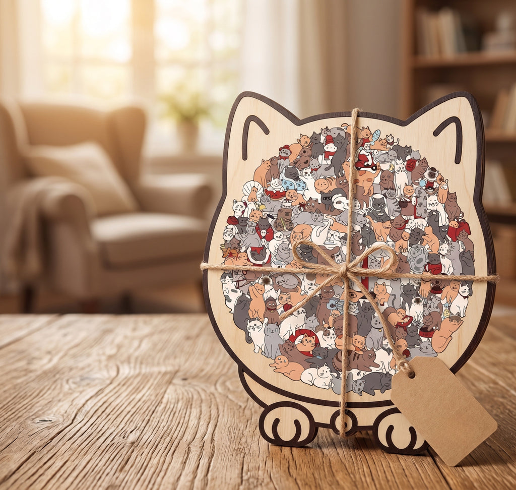 Houten kattenpuzzel Spinsel als cadeau met lint en kraft cadeaulabel