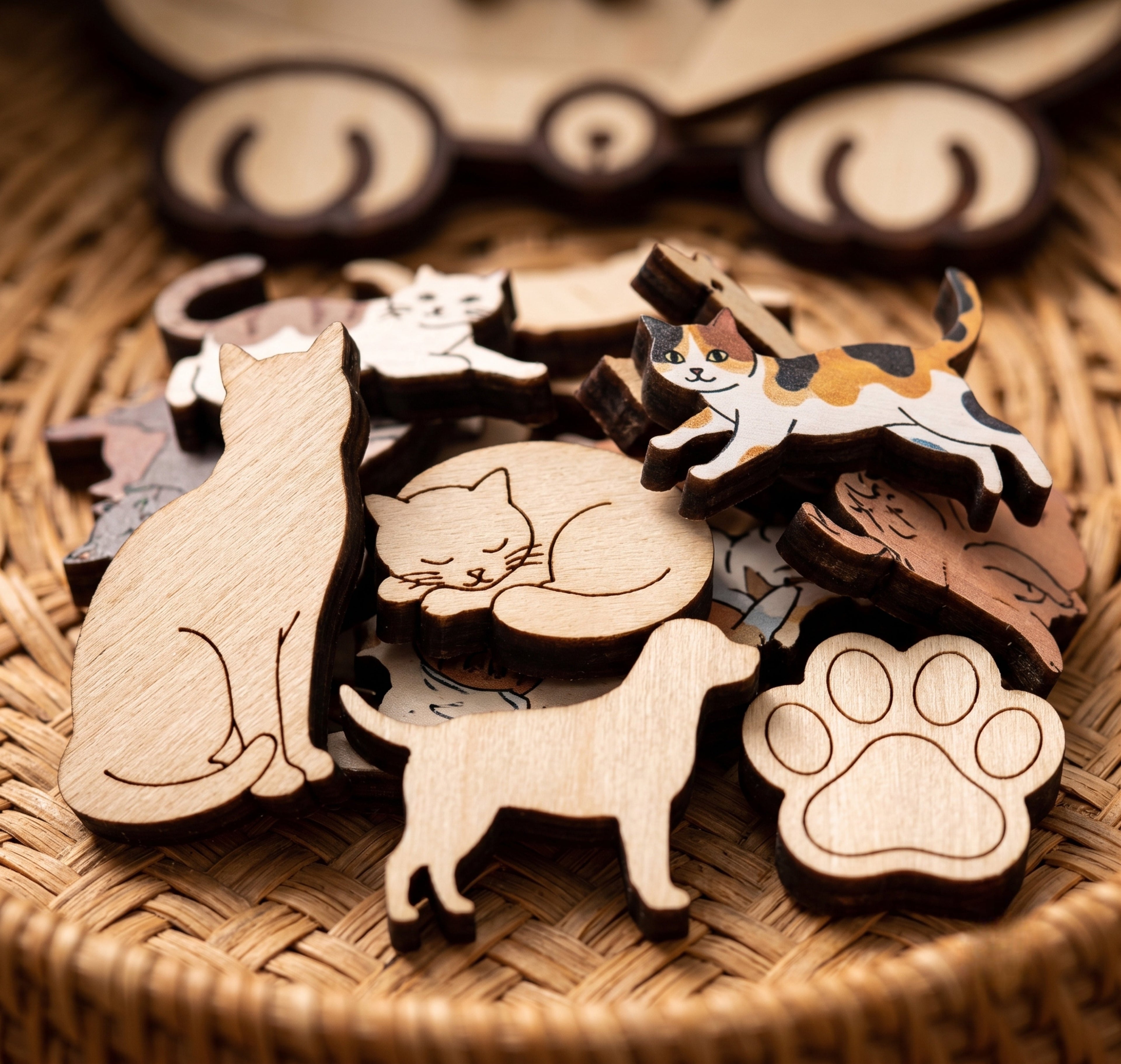 Close-up van houten puzzelstukjes, elk stukje een uniek dier- of pootvorm