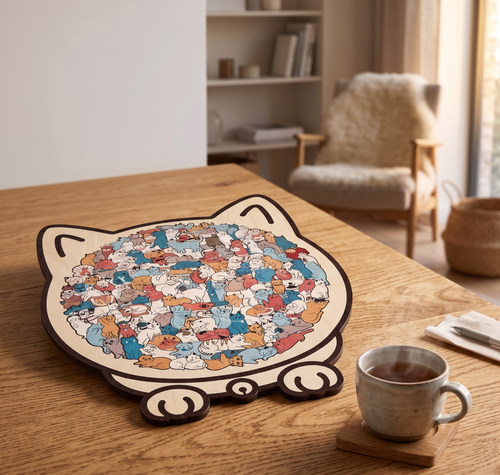 Voltooide houten kattenpuzzel Spinsel op een eiken tafel met een kop thee