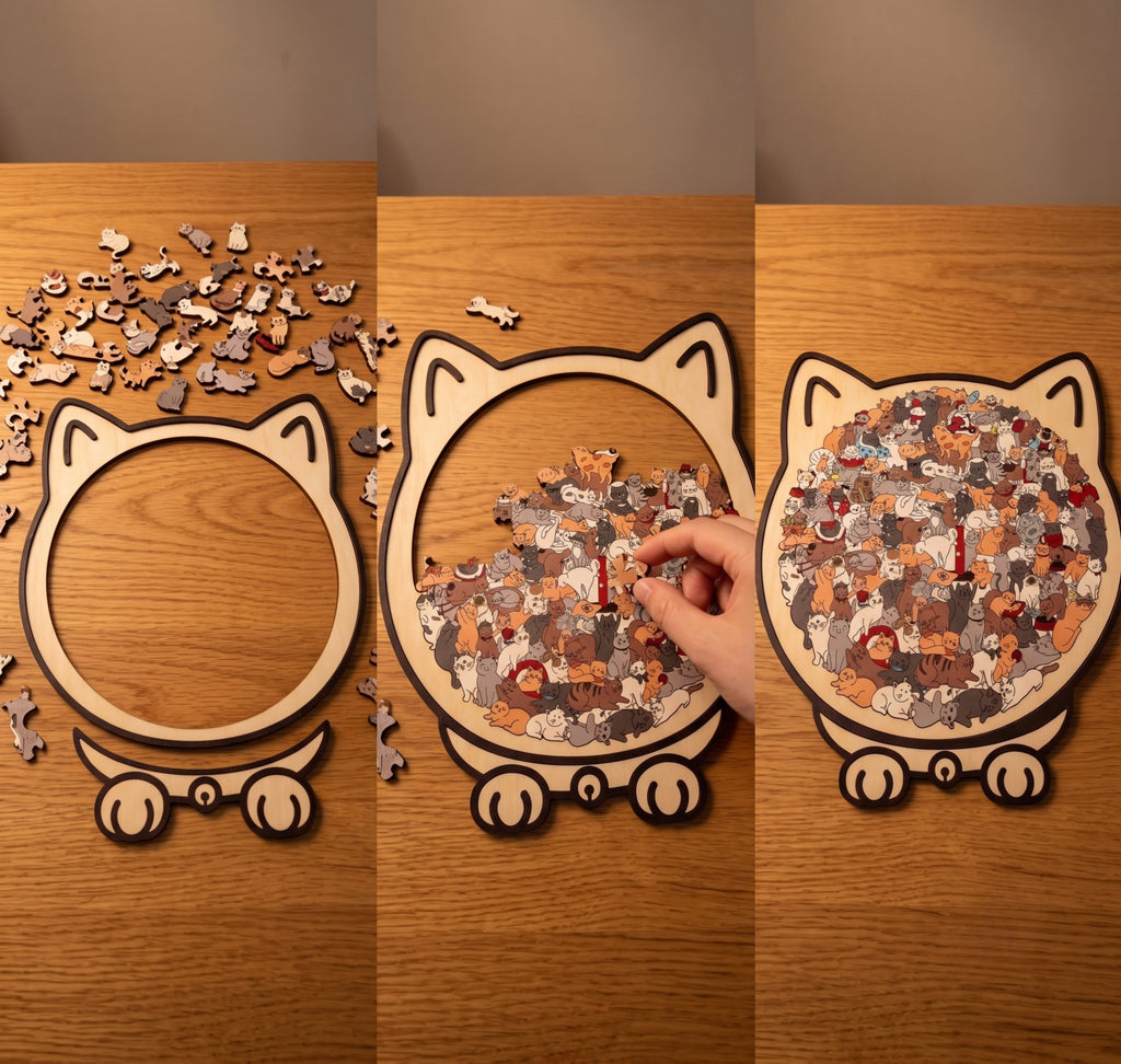 Drie stappen: losse stukjes, half gelegde puzzel en de voltooide kattenvorm