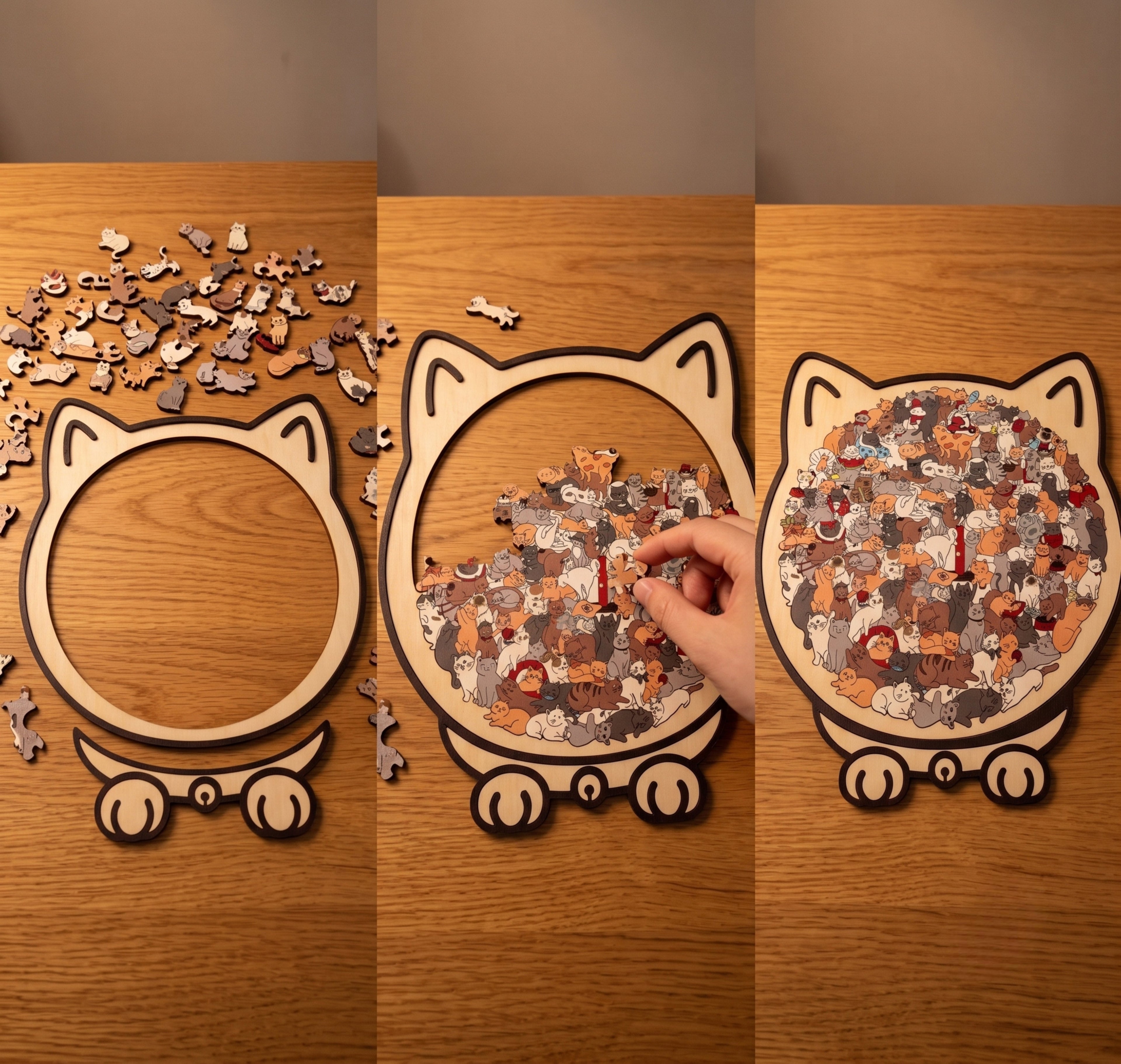 Drie stappen: losse stukjes, half gelegde puzzel en de voltooide kattenvorm